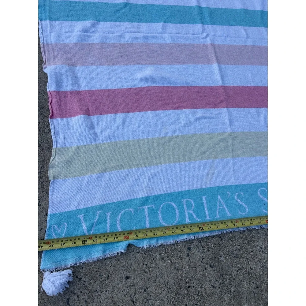 Victoria's Secret Beach Towel Sarong OS Blue Striped Cotton Tassel Women